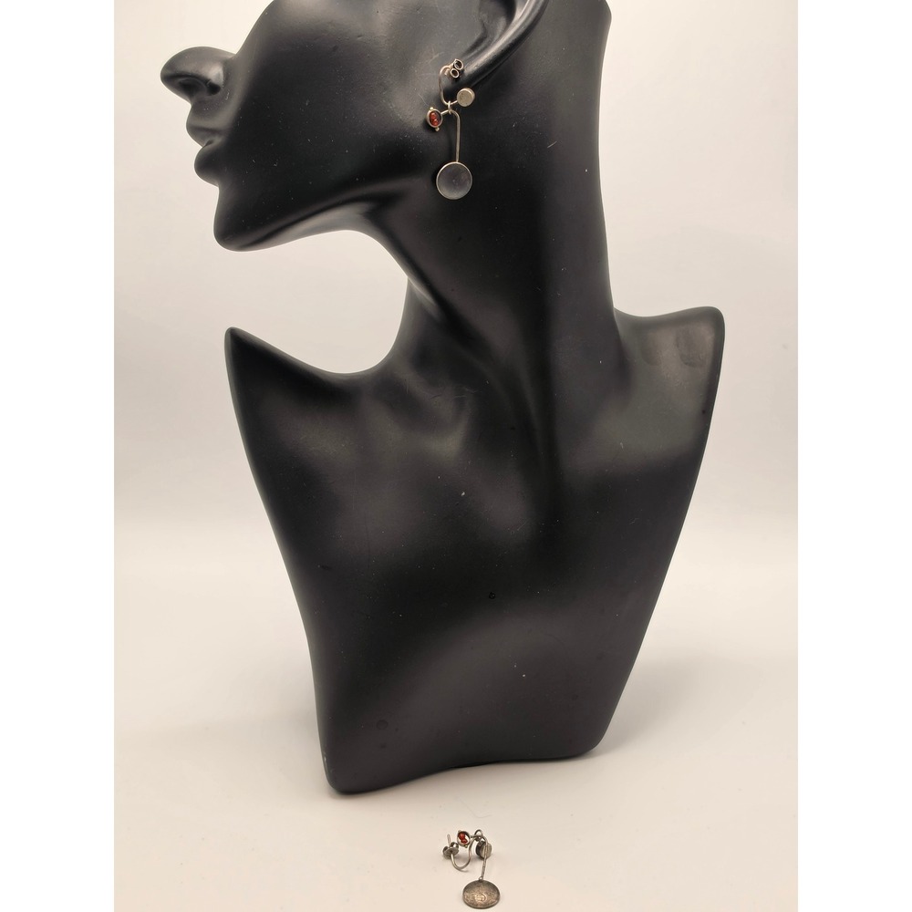 Artisan Signed 925 Sterling Silver Modernist Carnelian Geometric Drop Earrings